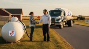 Propane delivery truck arriving at residential home in Ontario